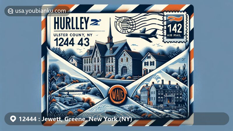 Modern illustration of Catskill Mountains in Jewett, Greene County, New York, featuring ZIP code 12444 and elements of air mail, stamps, and flags of Greene County and New York State.