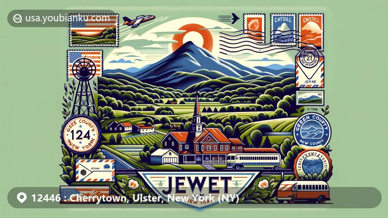Modern illustration of Cherrytown, Ulster County, New York, blending regional elements with postal theme, showcasing Catskills' natural beauty and featuring Camp Rav Tov as a landmark.