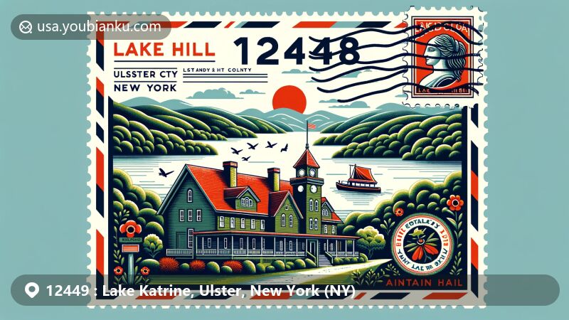 Modern illustration of Lake Katrine, Ulster County, New York, featuring historical landmarks like Osterhoudt house and the picturesque lake, with a vintage postal stamp showcasing ZIP code 12449.