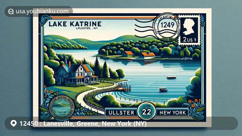Modern illustration of Lanesville, Greene County, New York, featuring picturesque Catskill Mountains with emphasis on highest peak, Hunter Mountain, showcasing the charm of the town nestled amidst lush Catskill landscape, incorporating New York state flag and vintage postcard design with postage stamp, postmark, and ZIP code 12450.