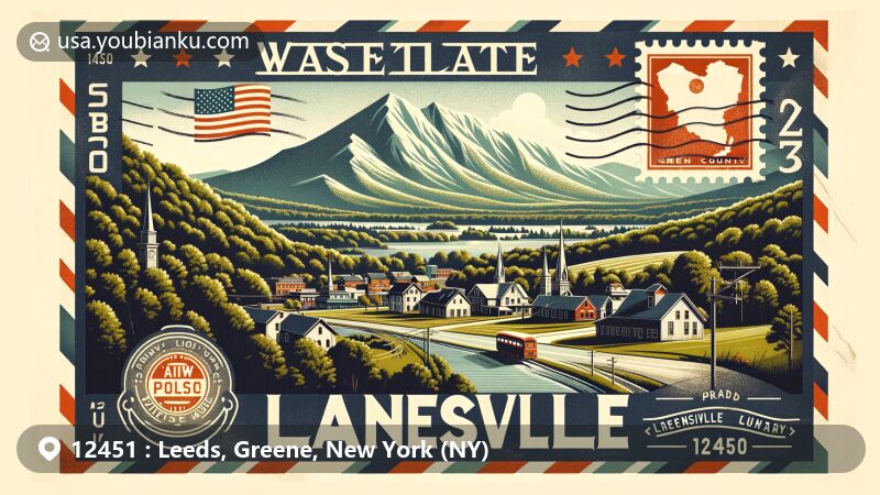 Modern illustration of Leeds, New York, featuring ZIP code 12451, showcasing Catskill Creek, Catskill mountains, and Stoneledge Farm's agricultural essence in a vintage air mail envelope style with stamps and vegetable illustrations.