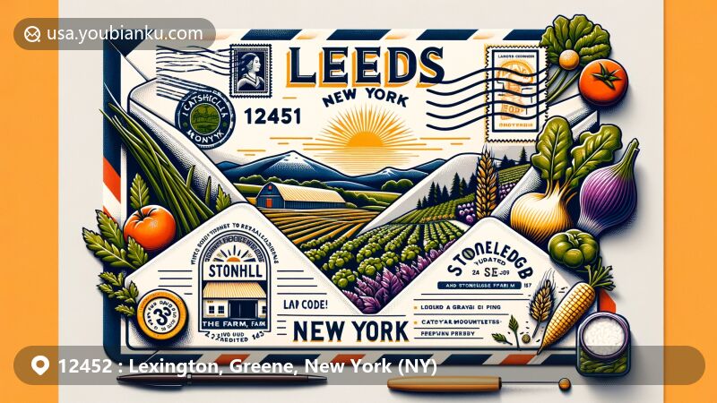 Modern illustration of Lexington, Greene County, New York, capturing the essence of postal heritage with ZIP code 12452, featuring Catskill Mountains and local landmarks.