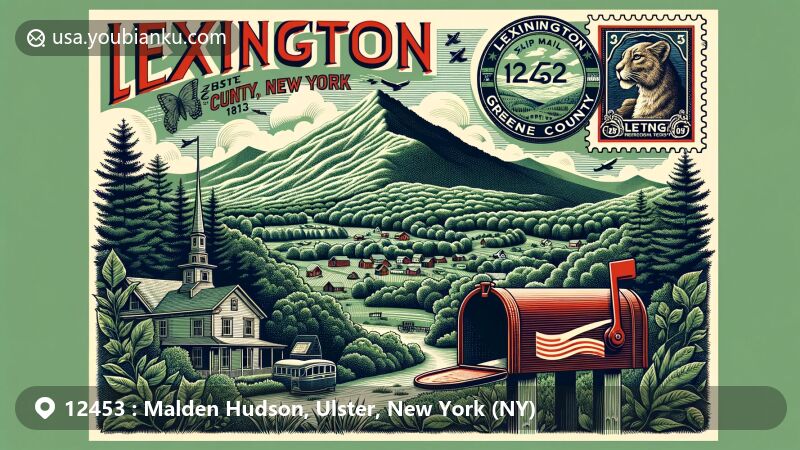 Modern illustration of Malden-on-Hudson, Ulster County, New York, featuring vintage postal postcard or airmail envelope theme, highlighting iconic landmark Hudson River with public dock used by local yacht clubs. The design includes Ulster County outline to emphasize its geographic location within New York state, incorporating postal elements like stamps, '12453' postal code postmark, and mailbox or mail delivery truck imagery. The artwork boasts harmonious and eye-catching colors, prominently displaying 'Malden-on-Hudson, Ulster County, NY' text, exuding strong regional characteristics and unique charm of this Hudson River west bank community.