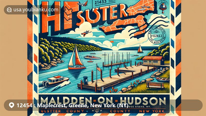 Modern illustration of Maplecrest, Greene County, New York, highlighting postal theme with ZIP code 12454, featuring Catskill Mountain landscapes, New York state flag, and Greene County outline.