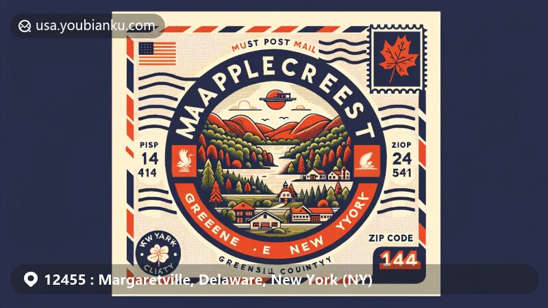 Modern illustration of Margaretville, Delaware County, New York, featuring postal theme with ZIP code 12455, showcasing Catskill Mountains scenery and Galli-Curci Theatre.