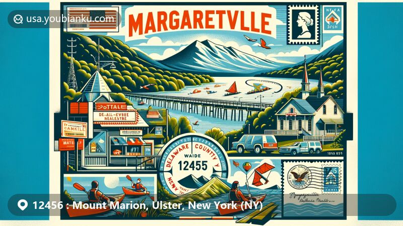 Vivid illustration of Mount Marion, Ulster County, New York, combining natural beauty with creative postal elements, featuring lush forests, Plattekill Creek, and ZIP code 12456, along with iconic Catskill Mountains and local cultural symbols.
