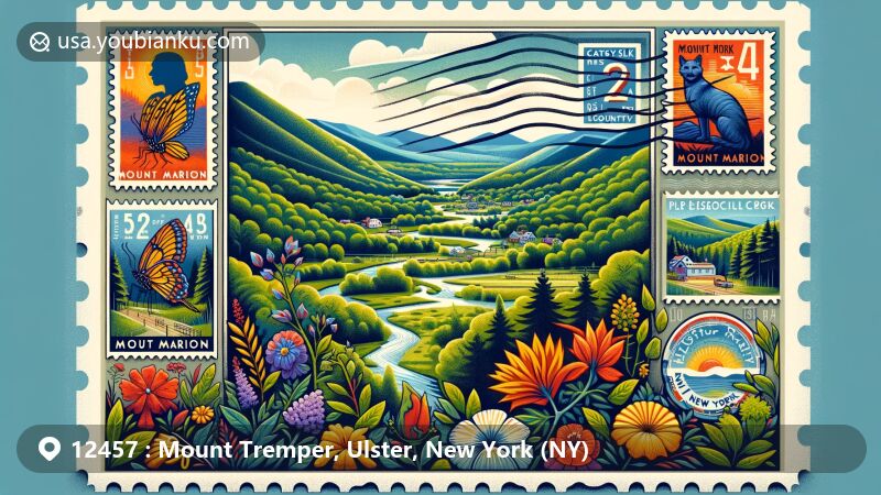Modern illustration of Mount Tremper, Ulster County, New York (NY), featuring iconic fire tower, Catskill Mountains backdrop, native wildlife, and outdoor adventure scene within a vintage airmail envelope, symbolizing exploration and communication.