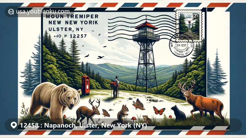 Modern illustration of Napanoch, Ulster County, New York, featuring postal theme with ZIP code 12458, showcasing air mail envelope with postage stamp, postmark 'Napanoch, NY 12458,' and historic postal car, revealing Hoornbeek Store Complex, Eastern Correctional Facility, and scenic Shawangunk Ridge National Scenic Byway.