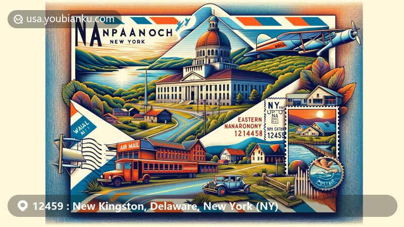 Modern illustration of New Kingston, Delaware County, New York, showcasing rural charm and postal theme with vintage air mail envelope and iconic building stamp, featuring Catskill landscape and red postal box.