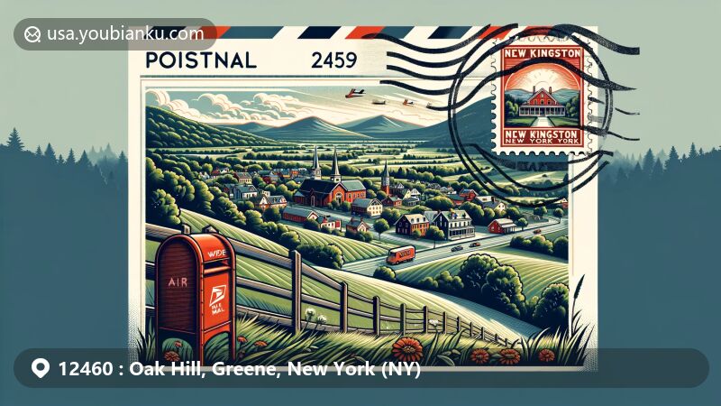 Modern illustration of Oak Hill, New York, showcasing Catskill Creek, vintage air mail envelope, Grey Fox Bluegrass Festival, Catskill Mountains stamp, '12460' postal mark, and Yellow Deli, reflecting local culture and postal heritage.