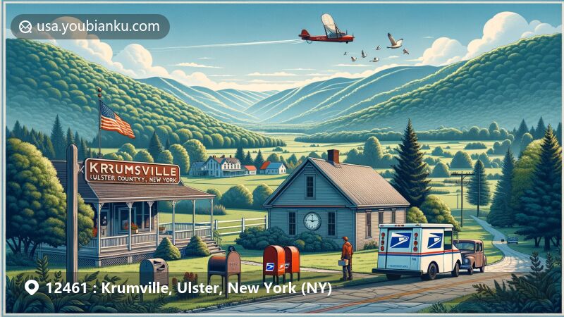 Modern illustration of Krumville, Ulster County, New York, showcasing rural charm with Catskill Mountains' natural beauty and postal elements, ZIP code 12461.