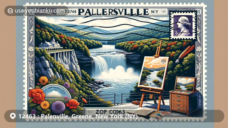 Modern illustration of Palenville, New York, emphasizing postal theme with ZIP code 12463, featuring Kaaterskill Falls, Catskill Mountains, vintage stamp, postmark, and New York state flag.