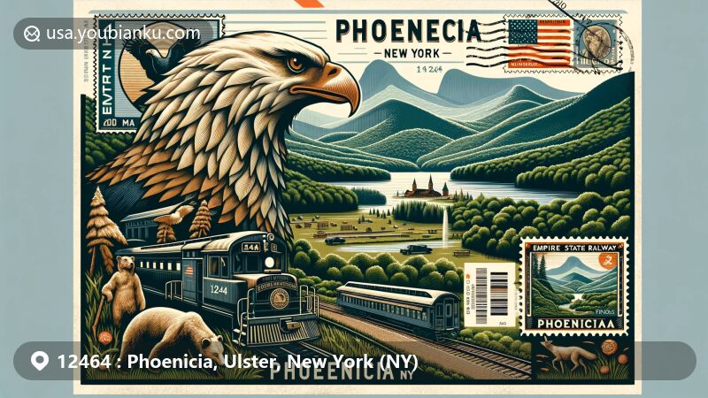 Modern illustration of Phoenicia, New York, showcasing Catskill Mountains scenery, Empire State Railway Museum, vintage train, and Shandaken Eagle symbol. Features local wildlife and '12464' postal code in a vibrant, eye-catching style.