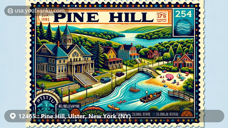 Colorful wide-format illustration of Pine Hill Historic District, Ulster County, NY, showcasing diverse architectural styles like Greek Revival, Gothic Revival, and Italianate. Includes Belleayre Beach at Pine Hill Lake, postal elements, and natural beauty of rolling hills and dense forests.