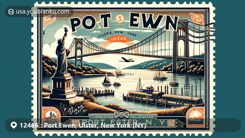 Modern illustration of Port Ewen, Ulster County, New York, highlighting Hudson River, Sojourner Truth statue, and Kingston-Port Ewen Suspension Bridge, along with postal theme elements like New York state flag stamp and '12466 Port Ewen, NY' postal mark.