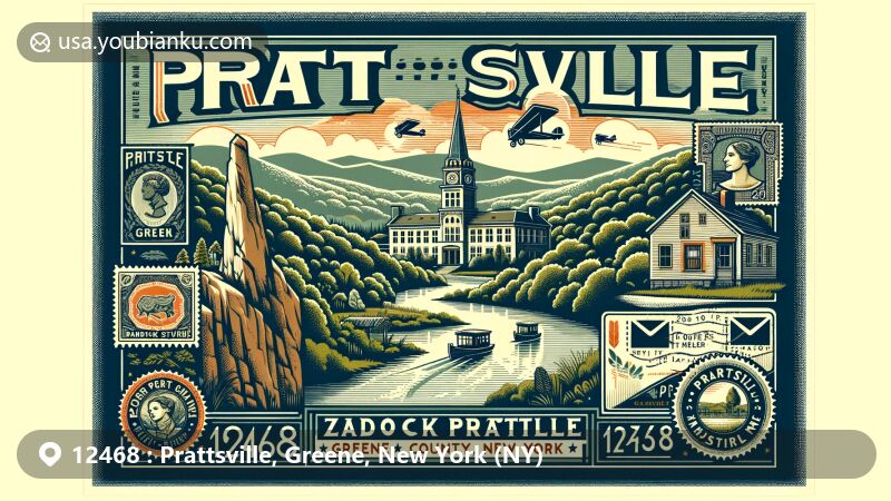 Modern illustration of Prattsville, Greene County, New York, showcasing postal theme with ZIP code 12468, featuring Pratt Rock and Zadock Pratt Museum, set against the backdrop of Catskill Mountains.
