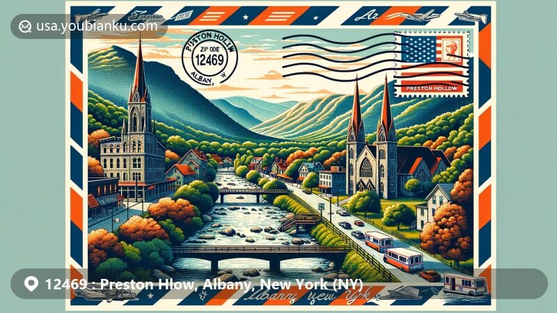 Modern illustration of Preston Hollow, Albany County, New York, featuring scenic Catskill Valley and Catskill Creek, historical landmarks like churches and Park Hotel, integrated with postal theme of oversized vintage postcard with New York State flag stamp, Preston Hollow postmark, ZIP code 12469, and traditional postal images.