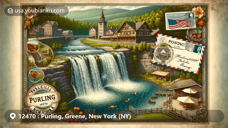 Modern illustration of Purling, New York, showcasing Shinglekill Falls, a Bavarian-themed village, and postal elements with ZIP code 12470 and town name. Incorporating natural beauty, cultural influences, and postal motifs.