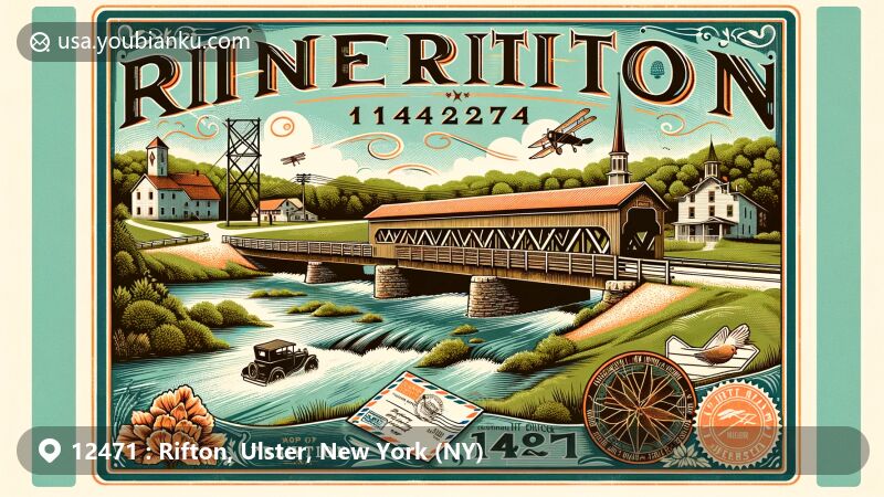 Vintage-style illustration of Perrine's Bridge in Rifton, Ulster County, NY, showcasing historic significance and natural beauty of Wallkill River, mills, and agriculture. Design reminiscent of early 20th-century air mail envelopes.