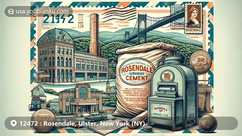 Modern illustration of Rosendale, Ulster County, New York, featuring postal theme with ZIP code 12472, showcasing Widow Jane Mine, Rosendale Theater, Shawangunk Ridge, and Joppenbergh Mountain.