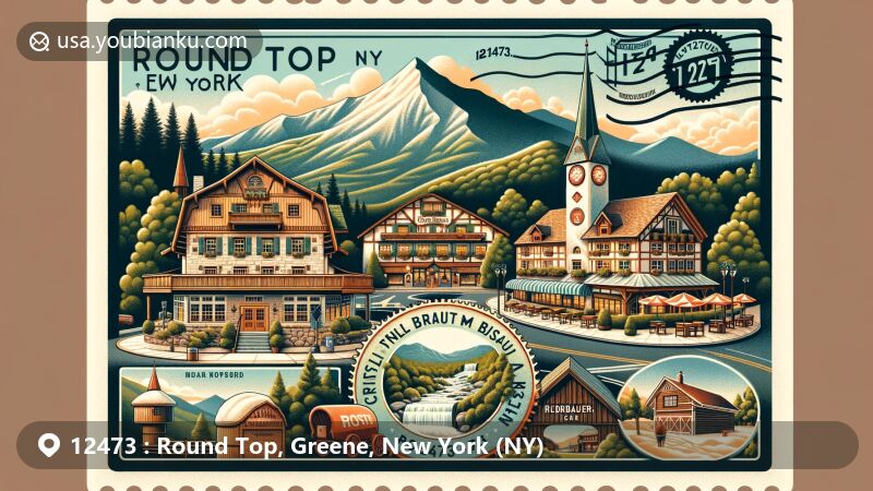 Modern illustration of Round Top, New York, featuring Catskill Mountains, Blackhead Mountain, German-themed resort inspired by Crystal Brook Resort and Riedlbauer's Resort, vintage postal elements with ZIP code 12473.