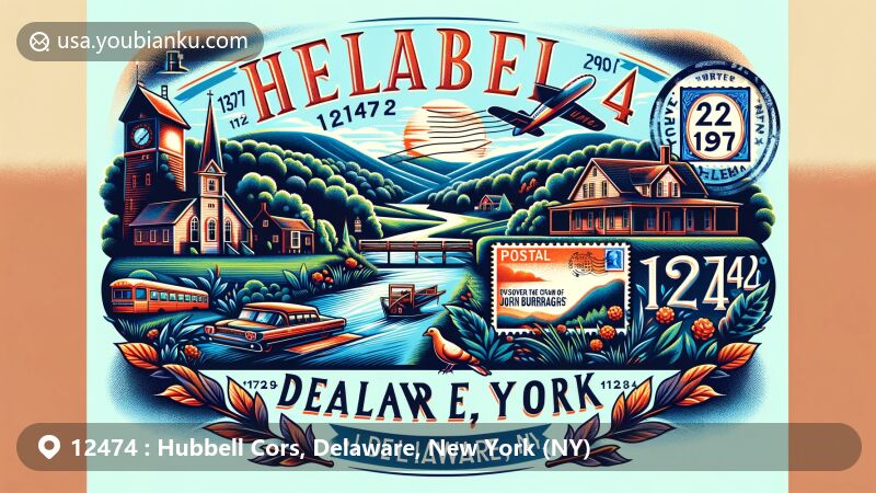 Modern illustration of Hubbell Cors, Delaware County, New York, featuring postal theme with ZIP code 12474, showcasing Catskill Mountains and John Burroughs Home.