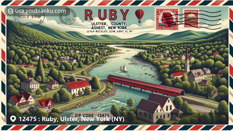 Modern illustration of Ruby, Ulster County, New York, capturing the essence of the tranquil town with ZIP code 12475, featuring Ashokan Reservoir, historic Ashokan-Turnwood Covered Bridge, and vintage airmail postal theme.
