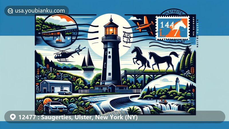Modern illustration of Saugerties, Ulster County, New York, depicting Saugerties Lighthouse as central landmark symbolizing its close connection to the Hudson River and natural beauty. Featuring silhouette of a horse and equestrian gear representing the significance of HITS-on-the-Hudson in international equestrian sports. Incorporating landscape elements of Falling Waters Preserve such as waterfalls, streams, and lush green vegetation, showcasing Saugerties' rich natural resources and outdoor activities. Design includes postal elements like stamps and postmarks, with ZIP code 12477, capturing the charm of Saugerties area and postal theme.