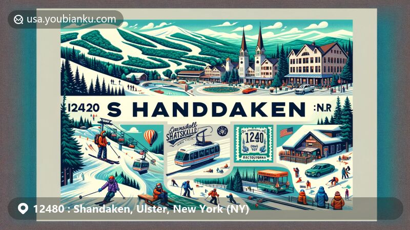 Modern illustration of Shandaken area in Ulster County, New York, showcasing Belleayre Mountain, Slide Mountain, and diverse outdoor activities like skiing and hiking, reflecting year-round tourism appeal.