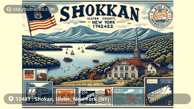 Modern illustration of Shokan, NY, Ulster County, New York, capturing the natural beauty of Catskill Mountains and Ashokan Reservoir, featuring New York state flag and Ulster County's unique outline, incorporating vintage postal elements with ZIP code 12481 and Shokan, NY.