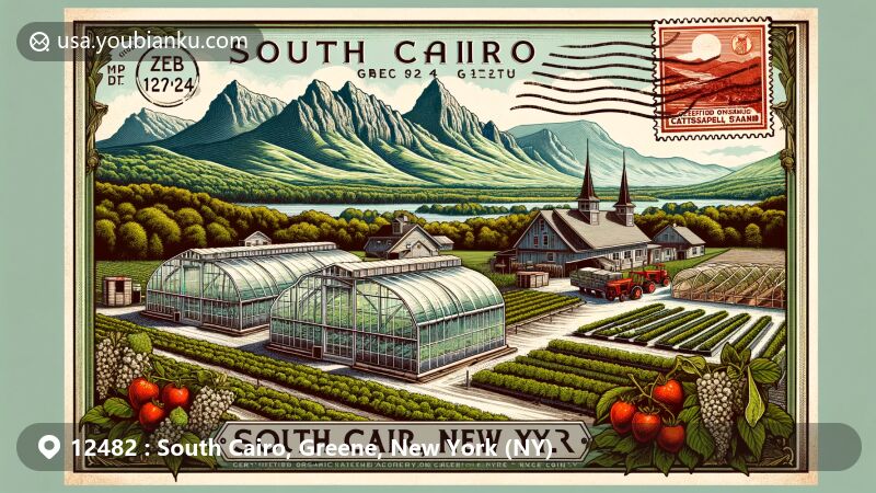 Vintage-style illustration of South Cairo, Greene County, New York, featuring Catskill Mountains backdrop and Stoneledge Farm foreground, showcasing local agriculture and postal elements like ZIP code 12482.