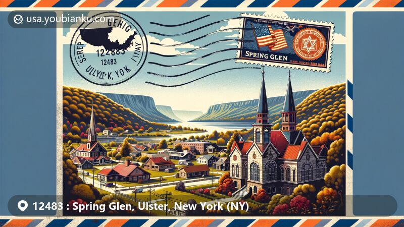 Modern illustration of Spring Glen, Ulster, New York (NY), showcasing Spring Glen Synagogue, Oriyana Temple, and Shawangunk Ridge, framed by vintage air mail envelope with New York State flag stamp and 'Spring Glen, NY 12483' postmark.