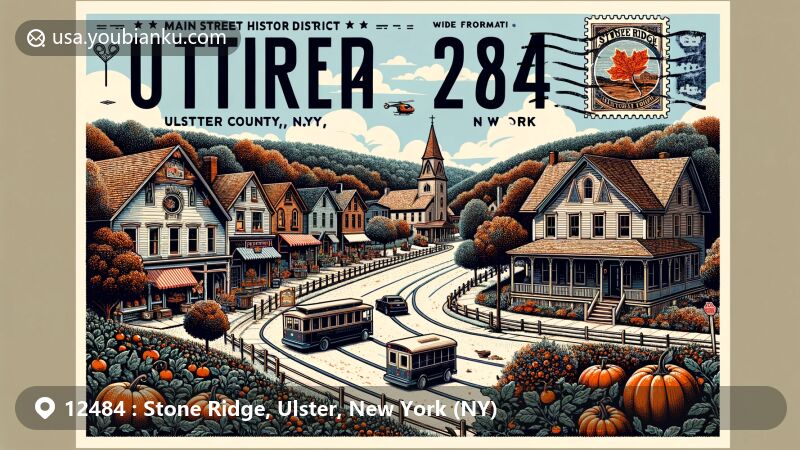 Modern illustration of Stone Ridge, ZIP code 12484 area in Hudson Valley, featuring Main Street Historic District architecture, rural landscapes, Stone Ridge Orchard with apple trees and pumpkins, and postal elements like airmail envelope and vintage postage stamps.