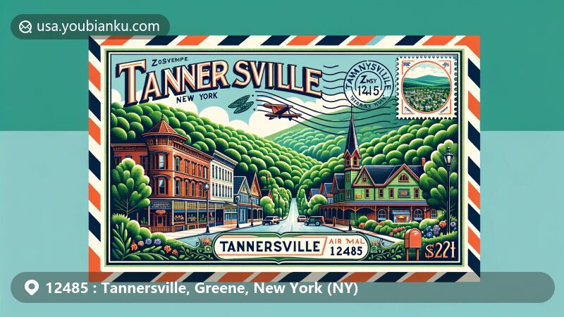 Modern illustration of Tannersville, Greene County, New York, showcasing historic Tannersville Main Street with Victorian-style buildings in the Catskill Mountains, framed in an airmail envelope featuring a postal stamp, postmark 'Tannersville, NY 12485,' and Mountain Top Arboretum.
