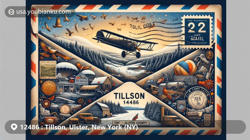 Modern illustration of Tillson, Ulster County, New York, featuring postal theme with ZIP code 12486, showcasing vibrant depiction of cultural richness and natural beauty, including snowy landscapes and arts and culture scene.