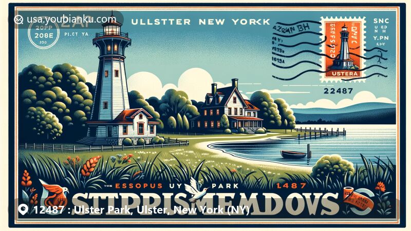 Modern illustration of Ulster Park, Ulster, New York with Esopus Meadows Lighthouse, showcasing postal elements like stamps, postal markings, and ZIP code 12487, set against the backdrop of Hudson River and Catskill Mountains.