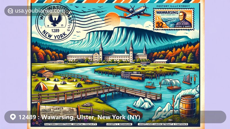 Modern illustration of Wawarsing, Ulster, New York (NY) showcasing natural beauty with Shawangunk Ridge and Catskill Mountains in the background, featuring Eastern Correctional Facility, Joseph Y. Resnick Airport, hiking in Minnewaska State Park, ice cave exploration in Sam’s Point Preserve, and the golf course symbolizing Honor’s Haven Retreat & Conference. Creative elements include a vintage airmail envelope frame, postal theme overlay with a stamp depicting Shawangunk Ridge, a postmark reading “Wawarsing, NY 12489,” and a mail plane symbolizing connectivity and accessibility. Vibrant style appeals to locals and tourists, focusing on outdoor activities and cultural events like the annual Blueberry Festival and outdoor concerts, suggesting a vibrant community life.