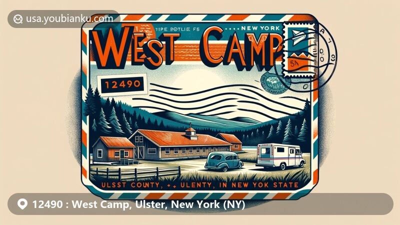 Modern illustration of West Camp, Ulster County, New York, showcasing postal theme with ZIP code 12490, featuring scenic beauty merged with postal elements like stamps and postmark.
