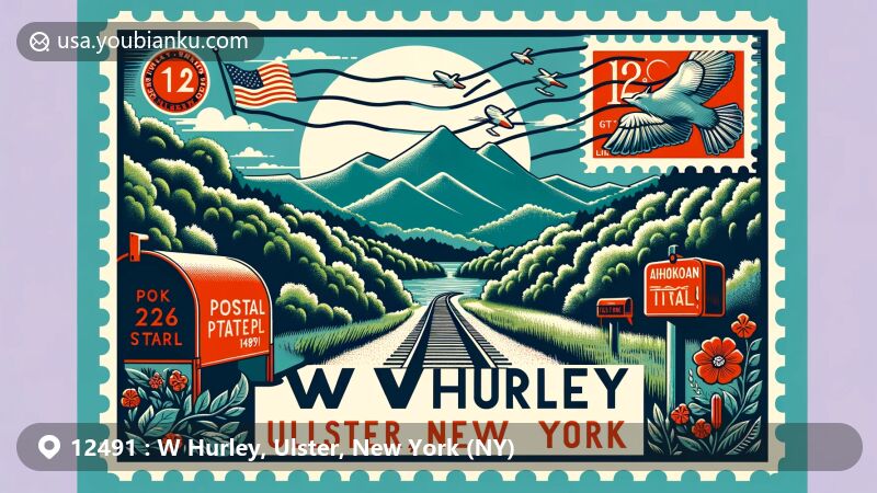 Modern illustration of W Hurley, Ulster, New York, showcasing postal theme with ZIP code 12491, featuring Catskill Park's natural beauty, Ashokan Rail Trail, red mailbox, and New York State flag stamp.