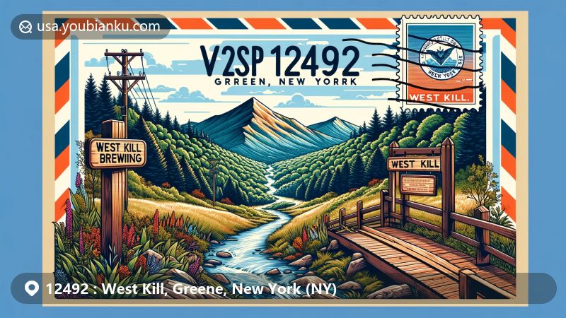 Modern illustration of West Kill, Greene County, New York, depicting postal theme with ZIP code 12492, featuring Catskill Mountains, West Kill Wilderness Area, hiking trails, and local attractions like West Kill Brewing.
