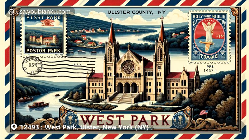Modern illustration of West Park, Ulster County, New York, showcasing Holy Cross Monastery with Mission/Spanish Revival and Tudor Revival architecture, vintage air mail envelope, and references to Hudson River, highlighting postal theme with ZIP code 12493.