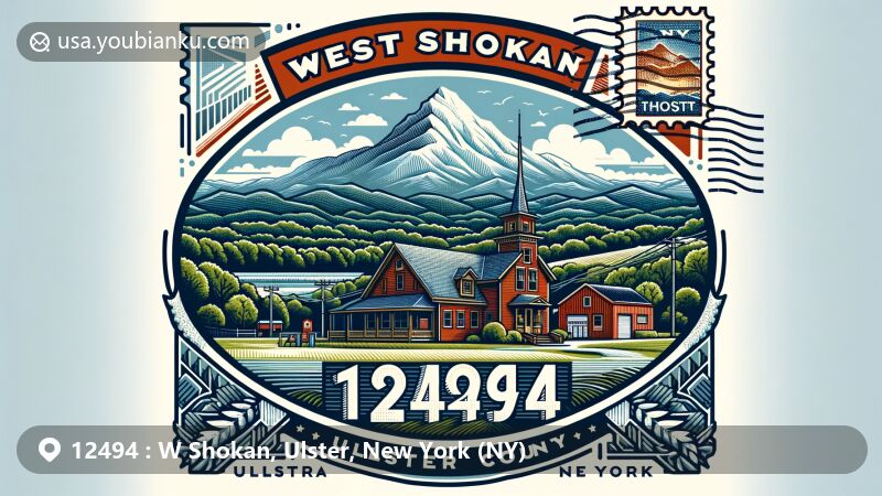 Modern illustration of West Shokan, Ulster County, New York, showcasing scenic Catskill Mountains and Hanover Mountain, integrated with postal elements including a post office motif and a stamp featuring Catskill Mountains' iconic silhouette. ZIP code 12494 and 'West Shokan, NY' prominently displayed.