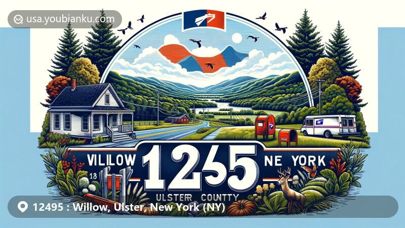 Modern illustration of ZIP code 12495, Willow, Ulster County, New York, featuring Catskill Mountains backdrop, creative depiction of '12495' ZIP code, post office symbolism, and natural environment elements.