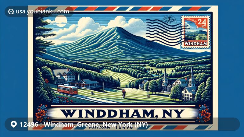 Modern illustration of Windham, NY, highlighting Catskill Mountains scenery, including Windham Mountain Resort and historical Hensonville village, with vintage postal design featuring ZIP code 12496.
