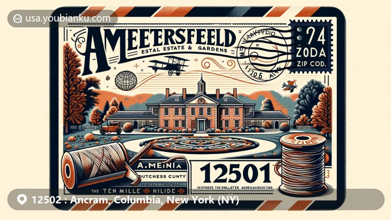 Modern illustration of Ancram, Columbia County, New York, showcasing pastoral and historical essence with ZIP code 12502, featuring Roeliff Jansen Kill, iron foundry heritage, and Scottish influences.