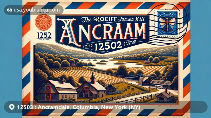 Modern illustration of Ancramdale, Columbia County, New York, capturing the serene rural landscape with lush forests, meadows, and community spirit, highlighting outdoor activities and postal theme.