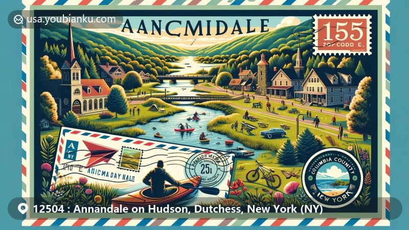 Modern illustration of Annandale-on-Hudson, Dutchess County, New York, showcasing postal theme with ZIP code 12504, featuring Bard College's landmark Blithewood Garden, Catskill Mountains, and Hudson River backdrop.