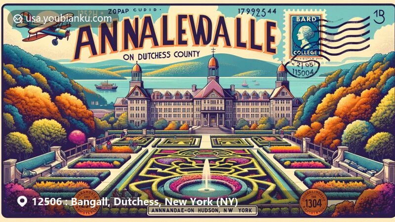 Modern illustration of Bangall, Dutchess County, New York, showcasing postal theme with ZIP code 12506, featuring Bangall Post Office, historic mills, and modern postal elements.