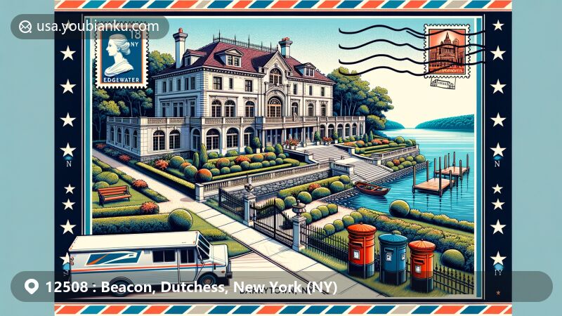 Modern illustration of Beacon, Dutchess County, New York, capturing Hudson River, Mount Beacon, and Dia Beacon, showcasing artistic and natural beauty, incorporating vintage postcard and postal elements with ZIP code 12508.