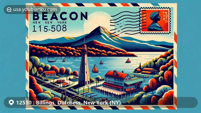 Modern illustration of Billings, Dutchess County, New York, showcasing Bannerman Castle's Scottish-style ruins, Catskill Mountains, and FDR Presidential Library, with postal elements like a stamp with ZIP code 12510, a 2024 postmark, and a vintage air mail envelope.